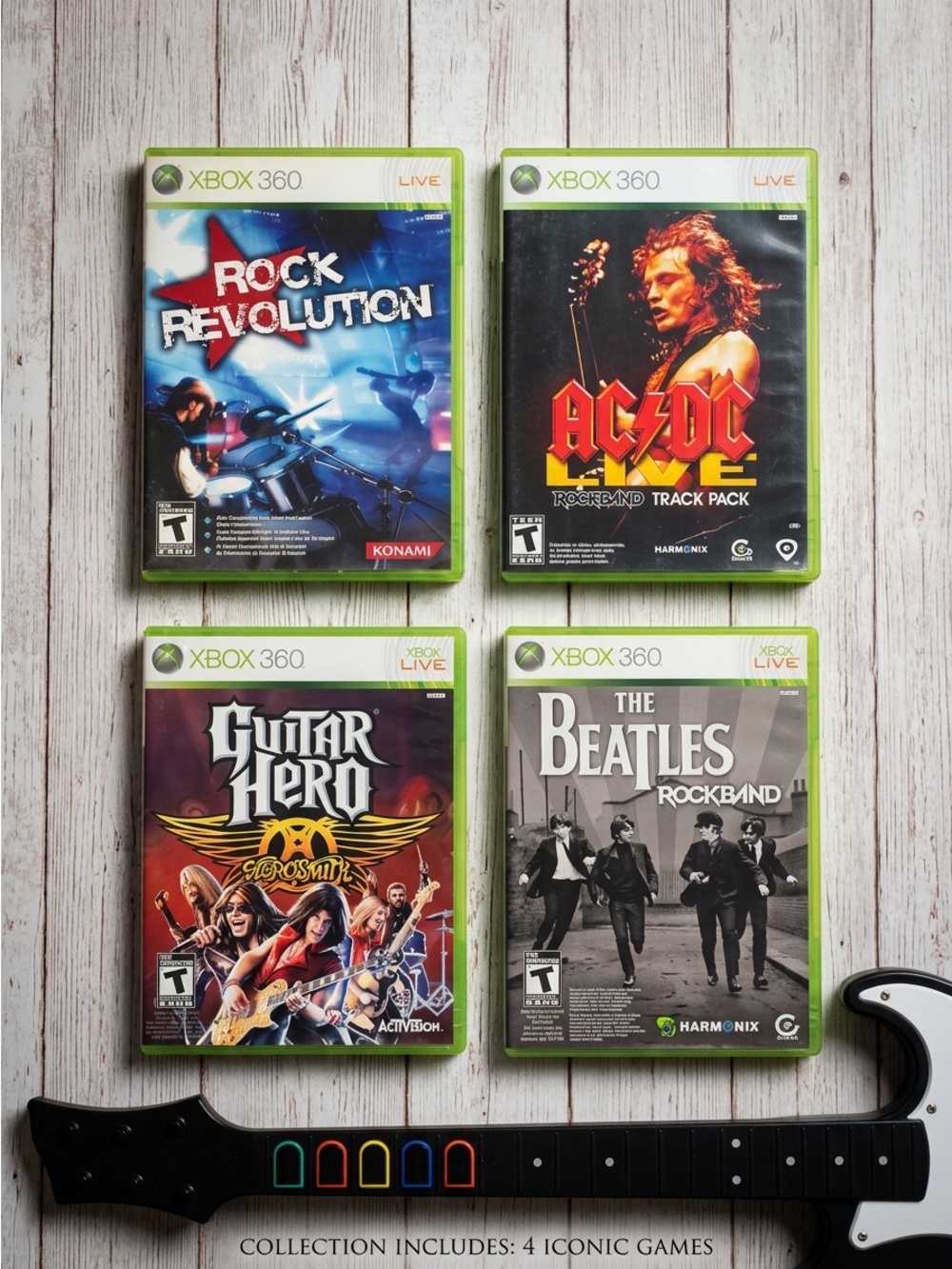 Guitar Hero Rock Band Xbox 360 Game Lot 4 Bundle Beatles Aerosmith AC/DC CIB